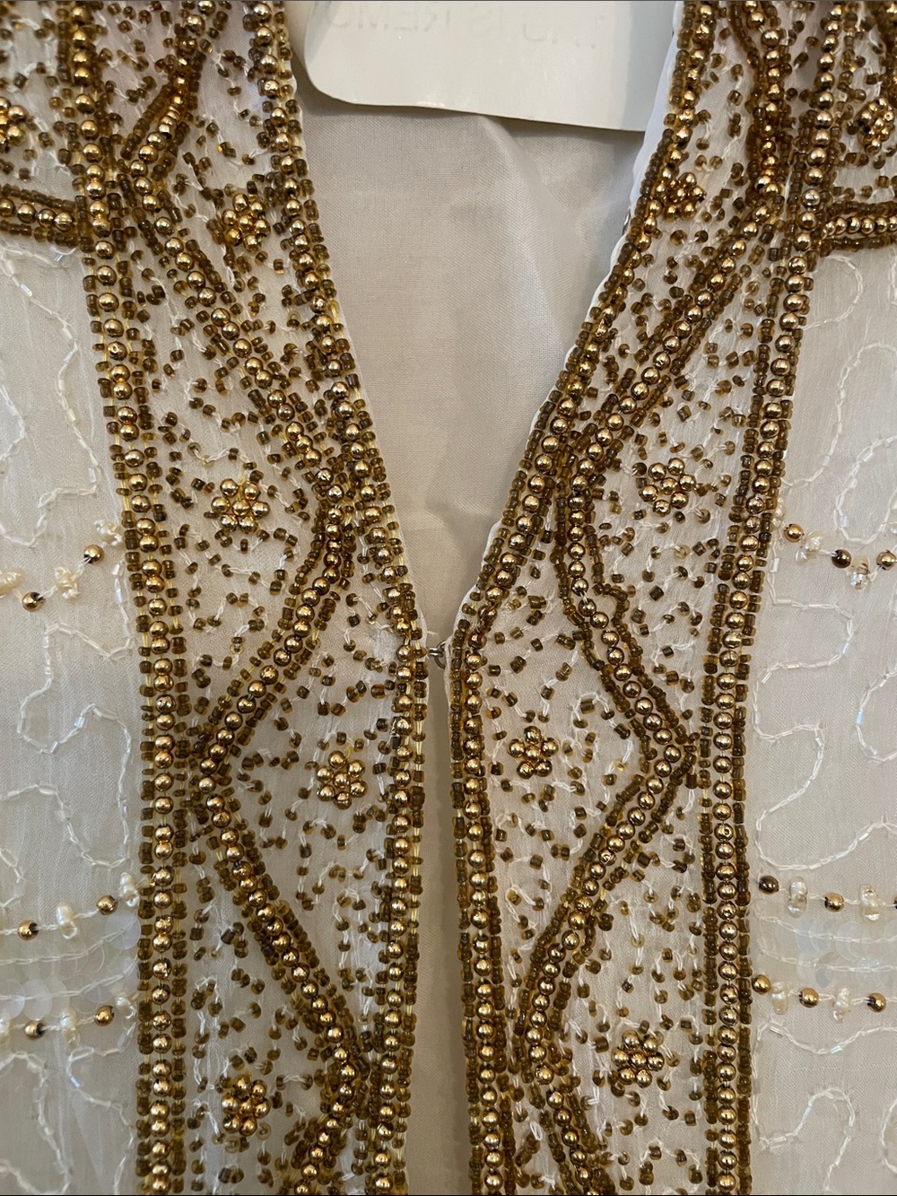 Vintage with tags Ivory Long-Sleeve Embroidered Dress with Gold Trim - Picture 4 of 9